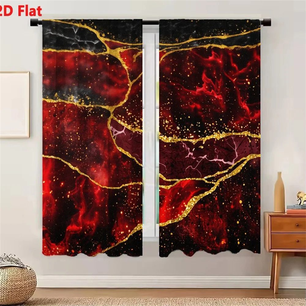 2Pcs Curtains 2D Flat Abstract Artwork Rich Reds Blacks Intricate Golden Crack-Like Lines Veins Fractures Swirling Liquid Forms