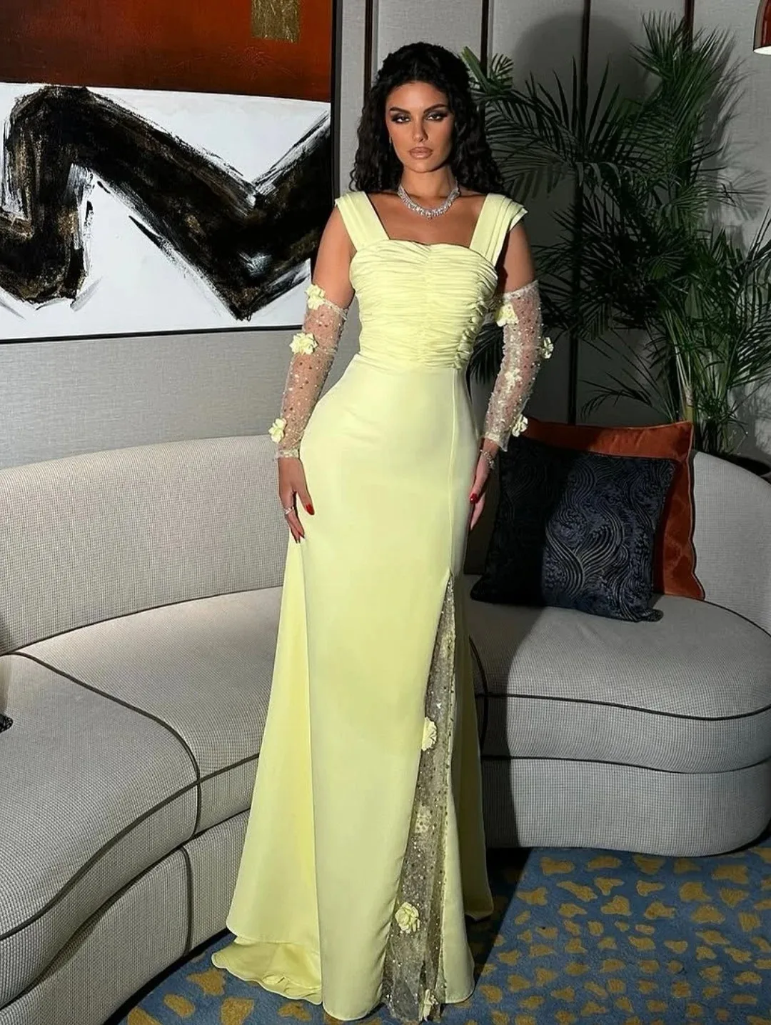 

Customized Elegant Square Neck Evening Gown Sleeveless Sequined Floral Party Prom Gowns Floor-length Formal Occasion Dress