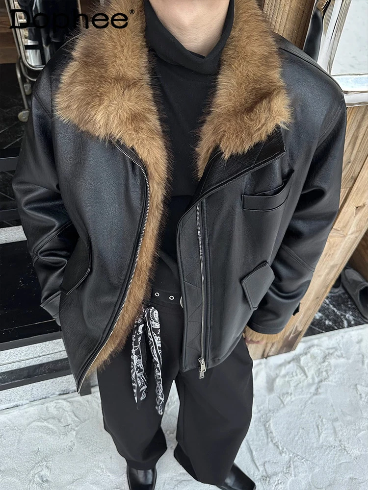 

Men's 2025 Winter New Faux Leather Jackets Trend Thick Coats Men's Retro Faux Fur Collar Lapel Long Sleeve Loose Comfort Jackets