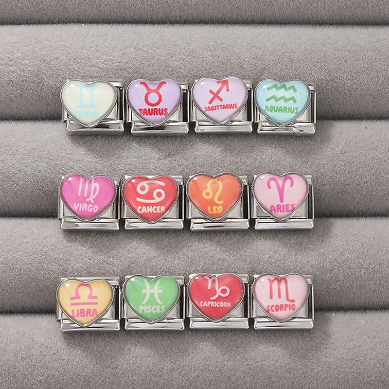 Wholesale Fashion Twelve Zodiac Heart Italian Charm Links Fit 9mm Stainless Steel Bracelet Women Men's Jewelry DIY Making