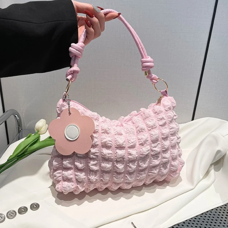 Fluffy Bubble Grid Underarm Bag Knotted Pink Handle Cute Flower Pendant Soft Fabric Sweet Casual Daily Women Shoulder Handbag
