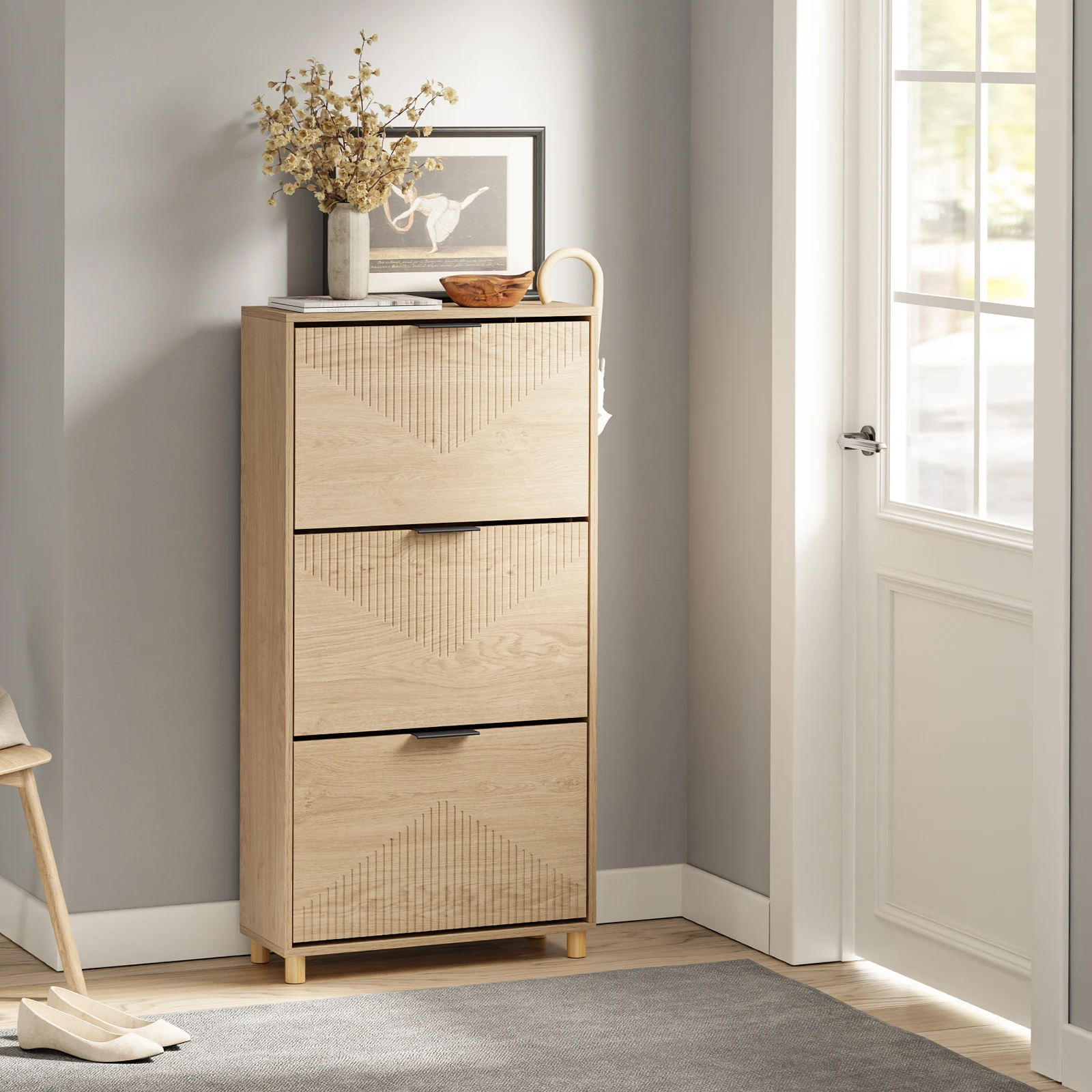 SoBuy FSR213-N Zapatero estrecho de madera de 24 cm de ancho, gran capacidad para zapatos de hasta talla 47, diseño nórdico, ideal para pasillo, entrada, color madera familiar, dimensiones 60x24x120cm