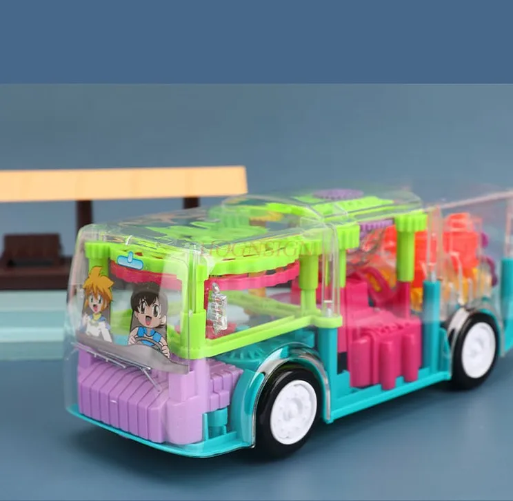 Electric Bus Vehicle Universal Transparent Rotating Body Gear Simulation Bus Music Light Bus Children's Car Toys