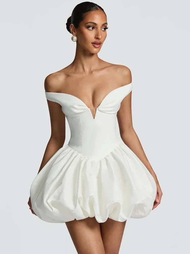 

Off-shoulder Strapless Sexy Mini Dress Women Elegant White Sleeveless Backless High Waist A-line Club Party Dresses
