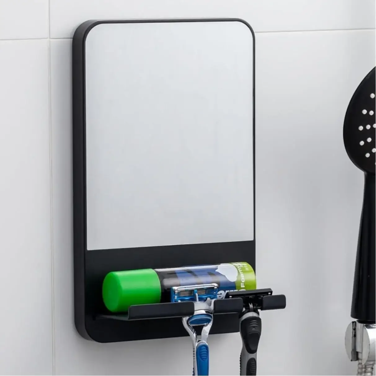 Anti-Fog Shower Mirror for Men Shaving Shatterproof Fogless Bathroom Mirror with Strong Suction Cup Razor Holder Storage Tray Organizer Wall Mounted Rust-Proof Removable Washroom Accessories Black