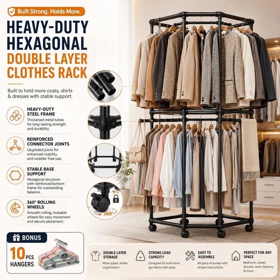 Pxxq 2 Layers Clothes Rack With 10 Free Hangers, Hexagonal Rotating Garment Rack With Wheels, Large Capacity Closet Organizer, H