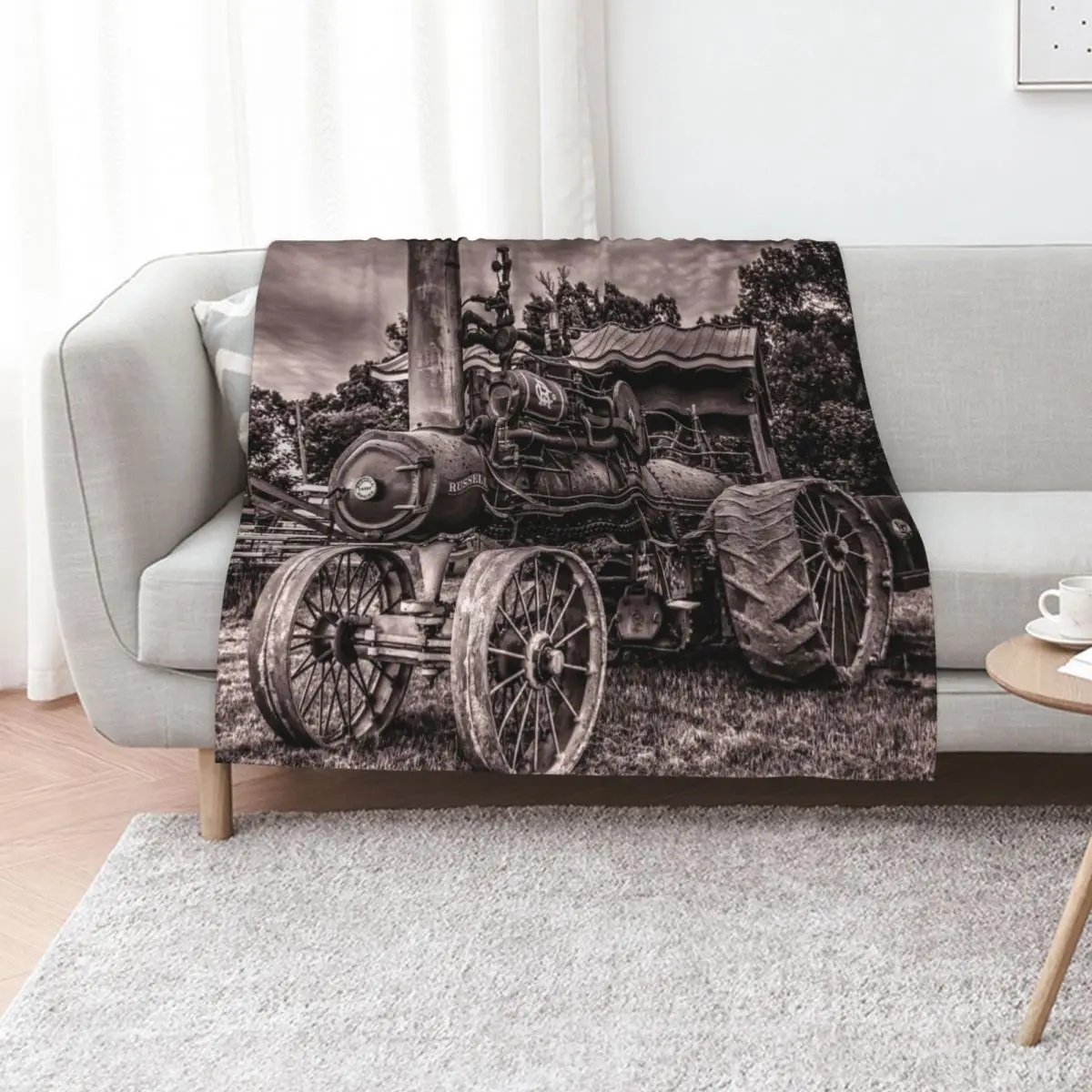 Russell Steam Traction Engine at the Shed Toned Throw Blanket Furry Hair Vintage Summer Blankets