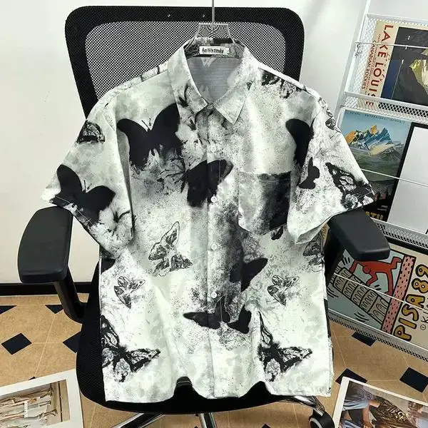 Camisa feminina solta de manga curta com design de borboleta americana retrô verão top moderno