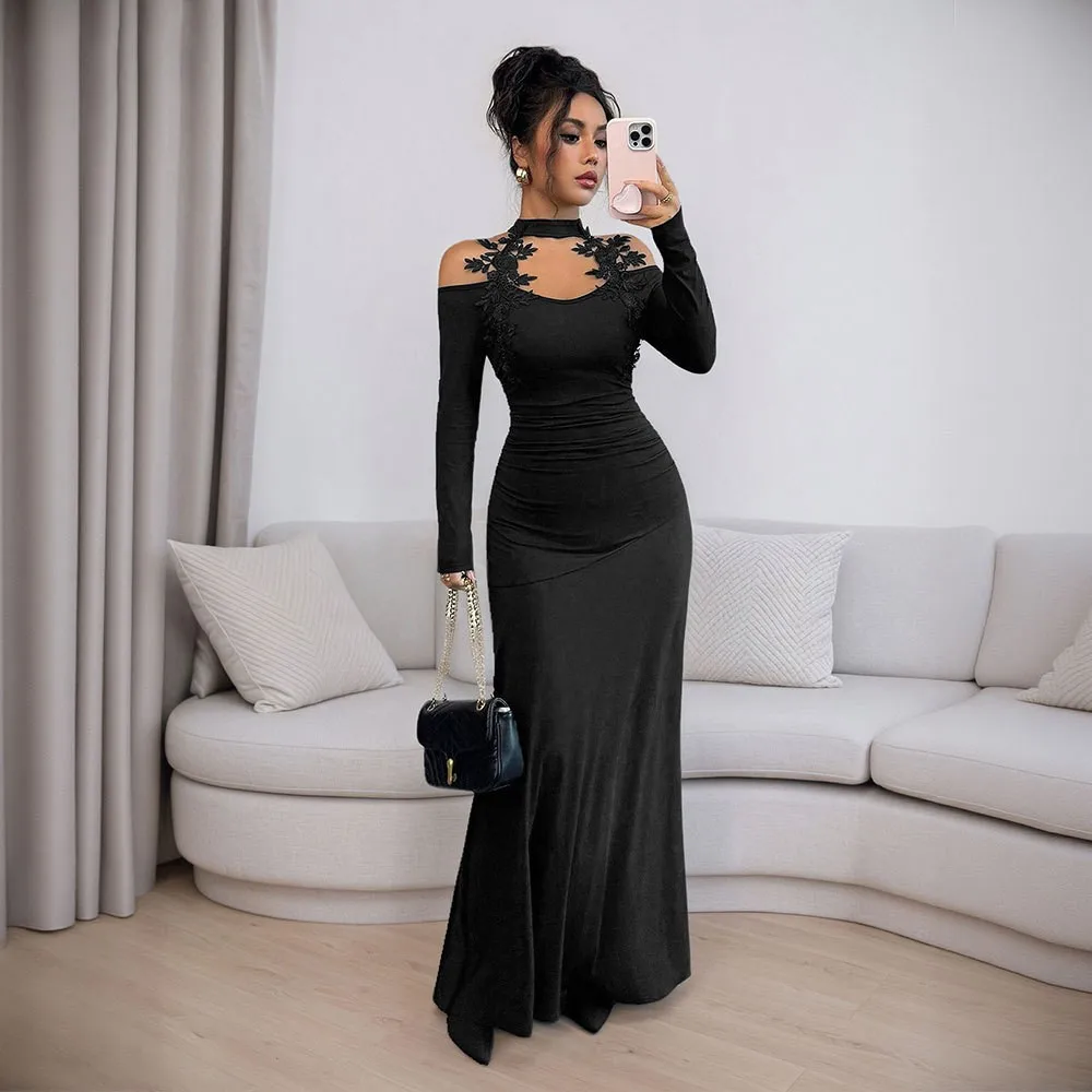 Women's Elegant Square Neck Long Sleeve Midi Knit Dress with Lace Ruffle 3D Effect for Wedding Guest Summer Party Prom Evening