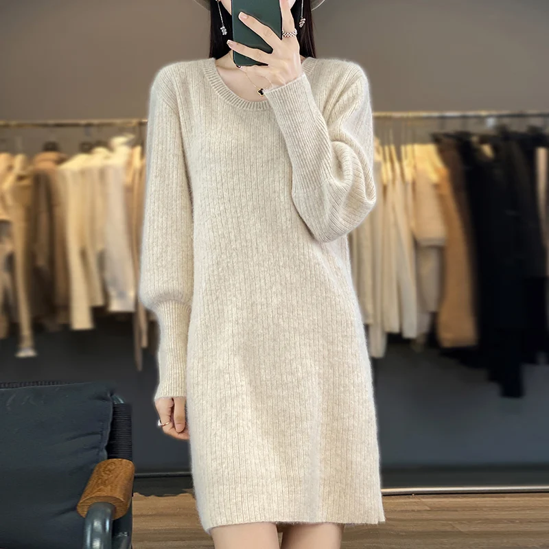 RONGYI 2023 100% Mink Cashmere Women\'s Pullover Knitting O-Neck Autumn And Winter New lOose Long-Sleeved Long Dress Top