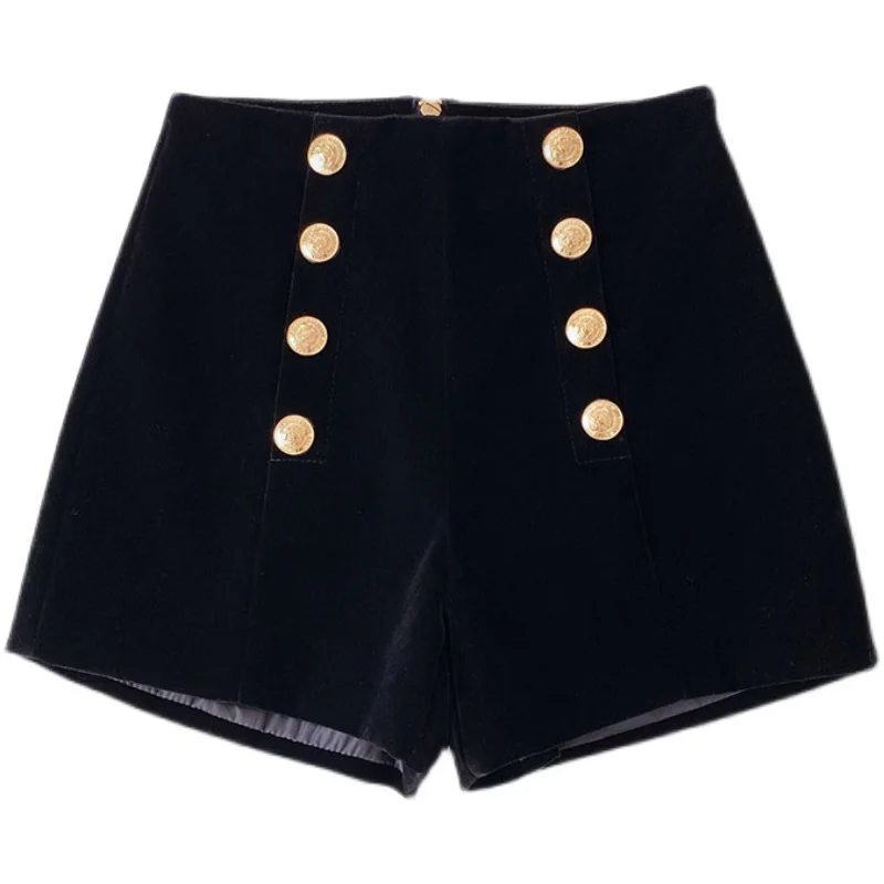 Velvet Black High Waist Slim Shorts Thicked Women\'s Winter New Korean Fashion Double-breasted Wide Leg Short Pants