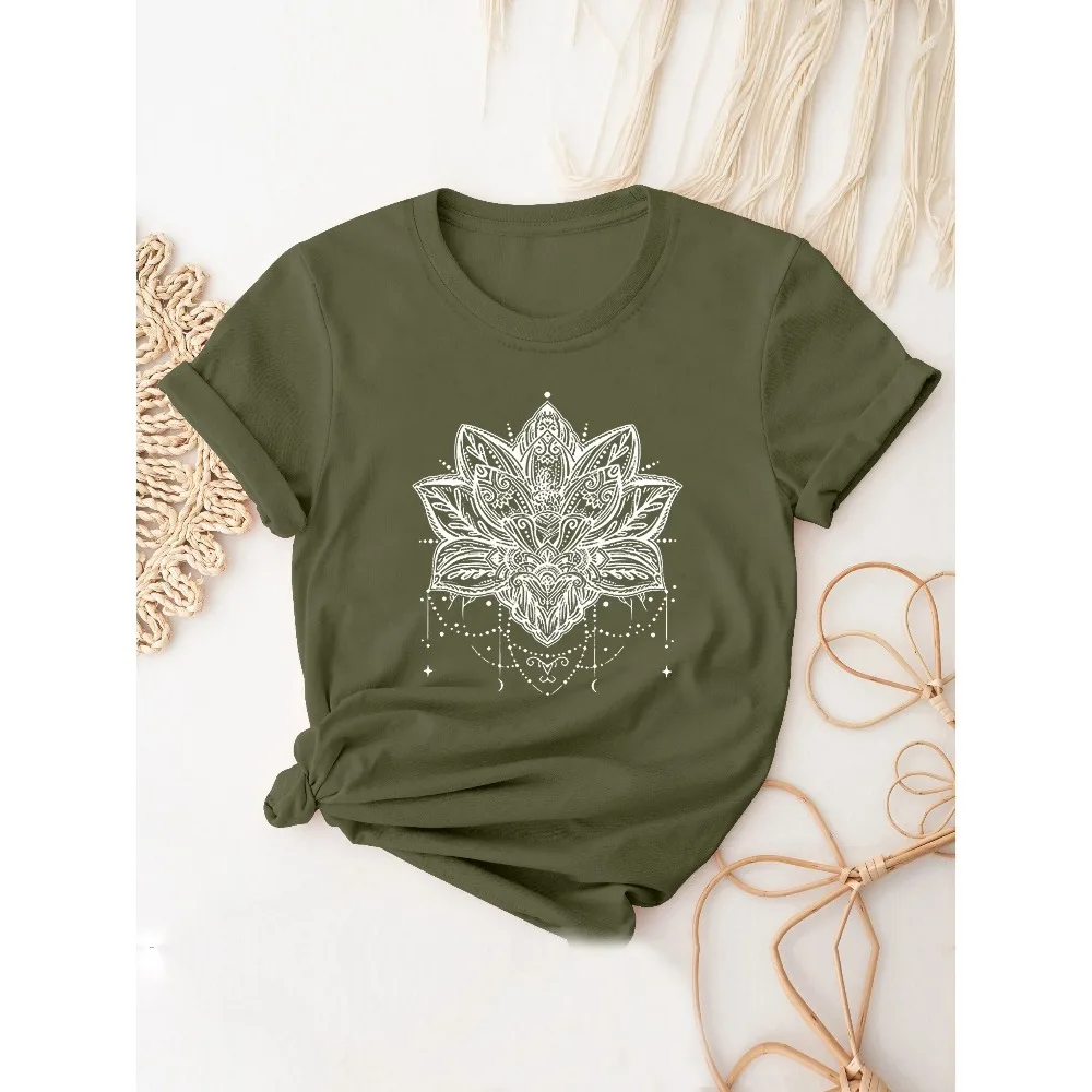 

Женская повседневная футболка больших размеров, женская футболка с коротким рукавом и круглым вырезом с принтом мандалы, легкая эластичная футболка, удобный топ Y2K