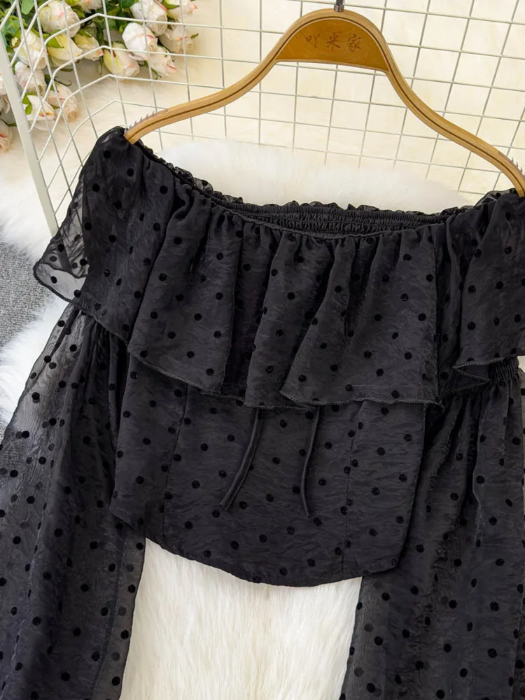 女性用 オフショルダー バケーション ブラウス 春 水玉模様 フラウンス スリーブ デザイン トップス ルーズ オールマッチ 通勤 長袖