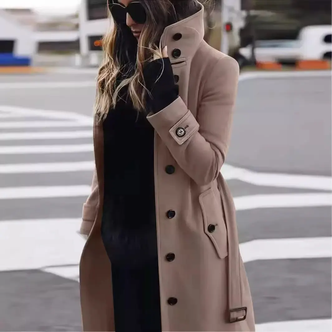 Autumn Winter Warm Women's Woolen Coat Loose Single Row Button Collar Jacket Long Sleeve Mid-Length Cotton Blend Overcoat