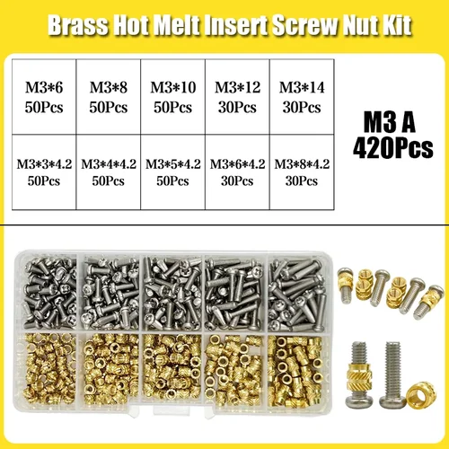 Imagen 2 del producto Juego de tuercas de inserción de calor, insertos roscados térmicos de latón y acero inoxidable para proyectos CNC de plástico de impresión 3D, 420/500 Uds.