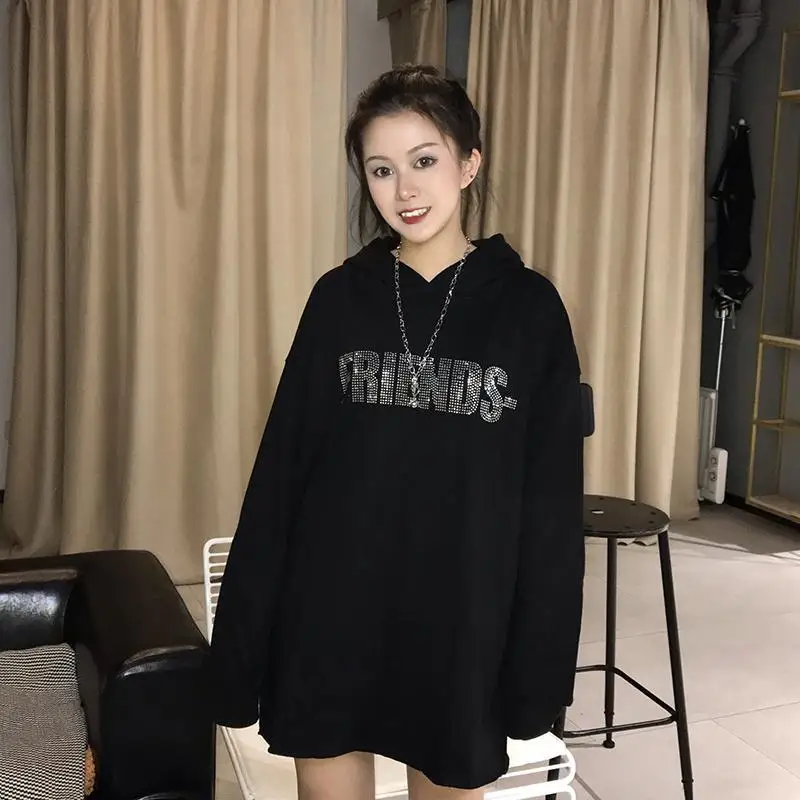 Female Clothes Hooded Glitter Tops Sequin Text Sweatshirts for Women Black Baggy Letter Printing Loose Rhinestone Hoodies Cotton