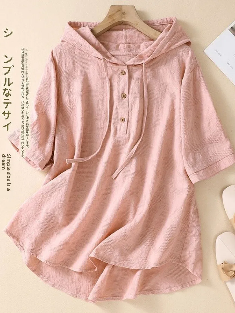 

Cotton Linen Embroidered Short Sleeve T-Shirt Women Summer Thin Breathable Hooded Top plus Size Linen Shirt for Plump Sister