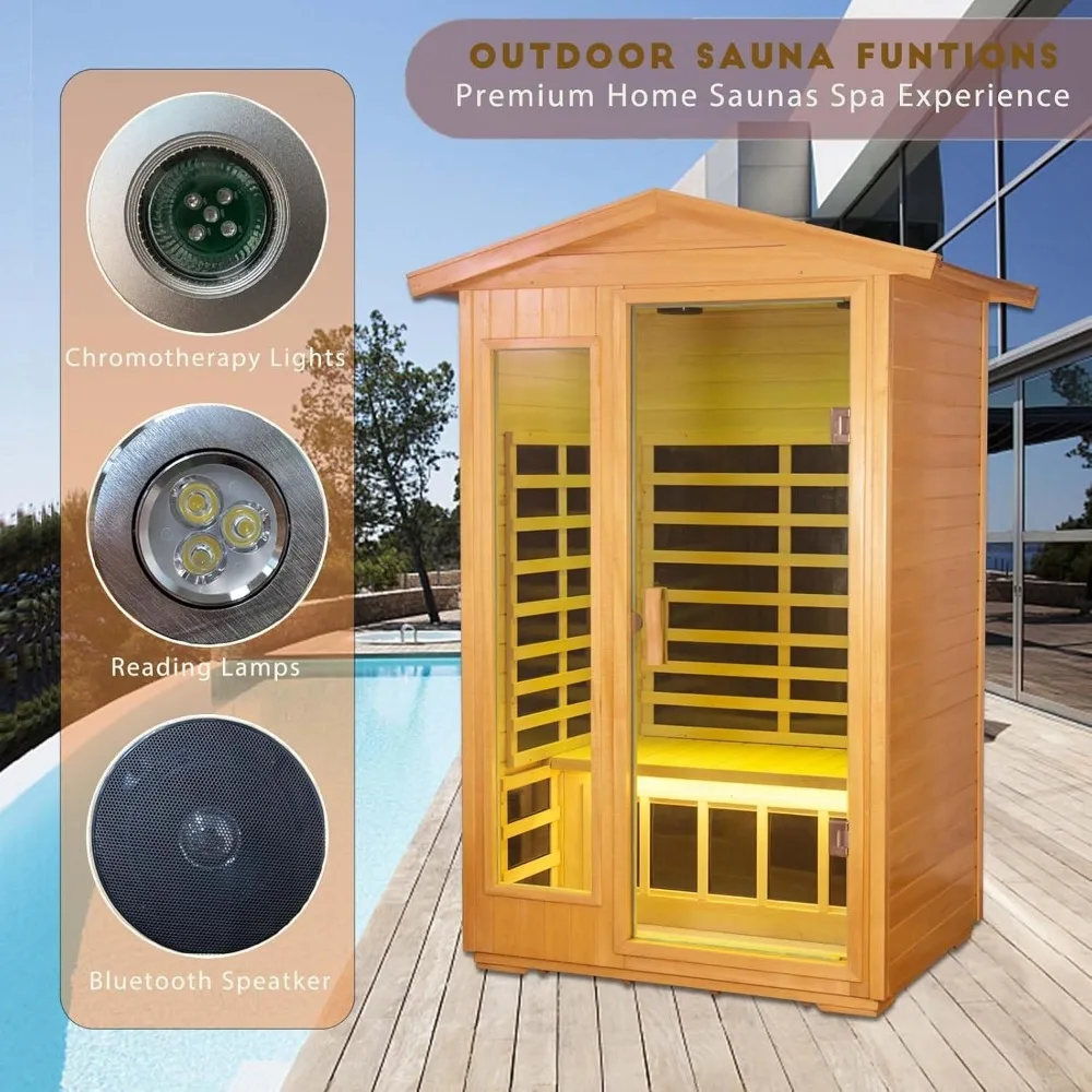 Sauna externa, sauna infravermelha distante para 2 pessoas, sauna de madeira de basswood para casa com 8 saunas caseiras emf baixas, 2 luzes de leitura LED