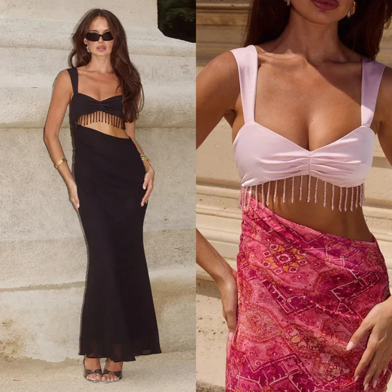 

025 Summer Sexy Tassel Dress for Women Y2K Style Side Ruched Sleeveless Backless Bodycon Club Party Long Vestido Fashion Look
