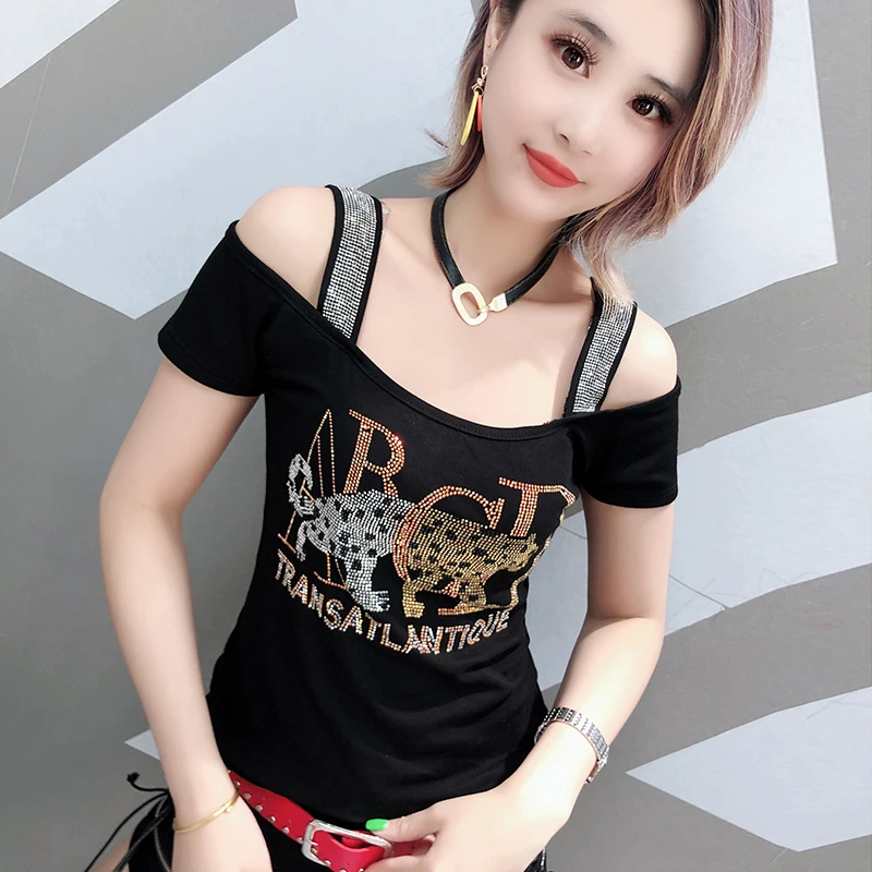 # 5122 Black/Green Casual Sexy Off Shoulder T Shirt Women Slash Neck Basic T-shirt Diamonds Slim Summer Womens Tee Shirts Cotton
