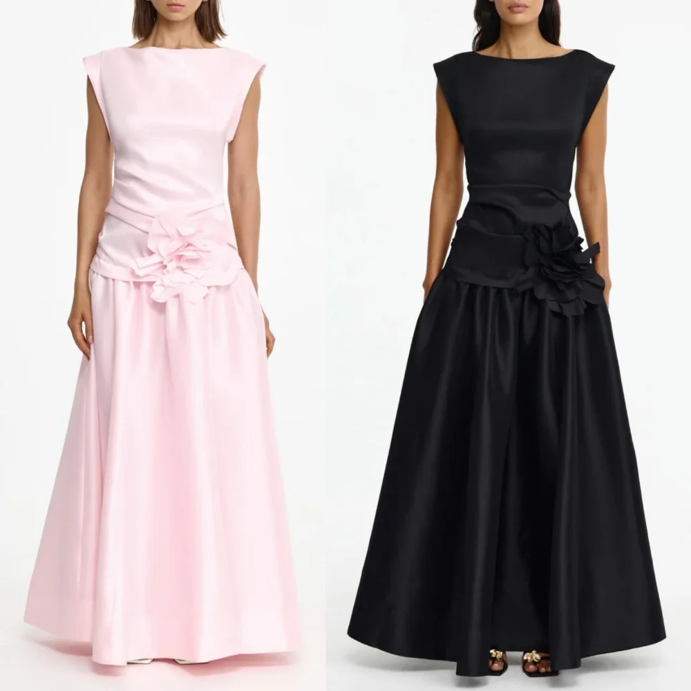 

Customized Formal Chinese Style Pleat Ruched Handmade Flower A-line High Collar Floor-Length Evening Dresses For Birthday Party