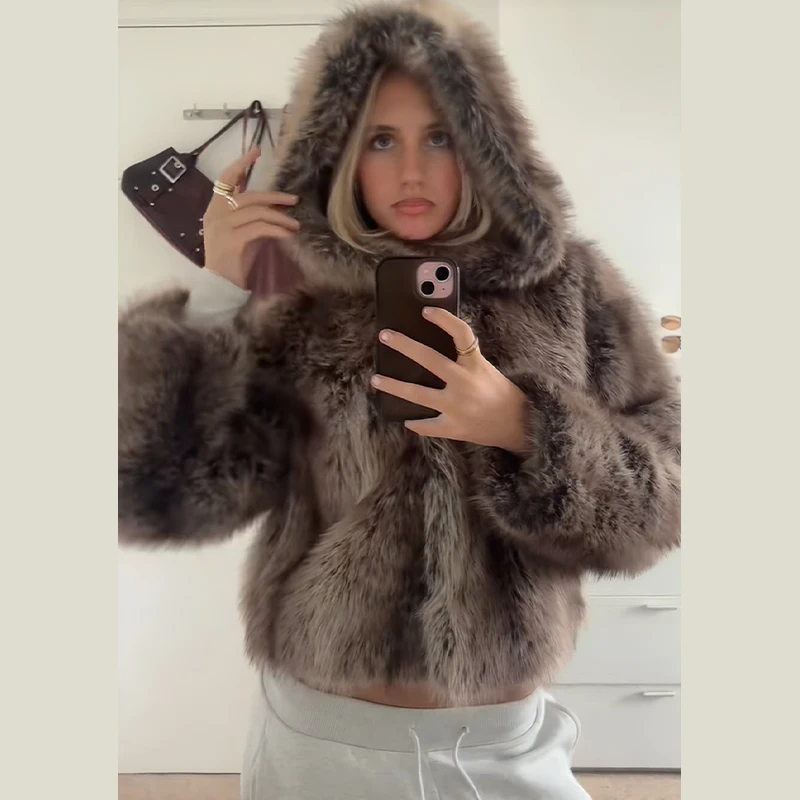 2025 شيك رشاقته رقيق معطف قصير للنساء عادية فو الفراء فضفاض مقنعين طويلة الأكمام البني سترة الشتاء الفاخرة معطف دافئ #2