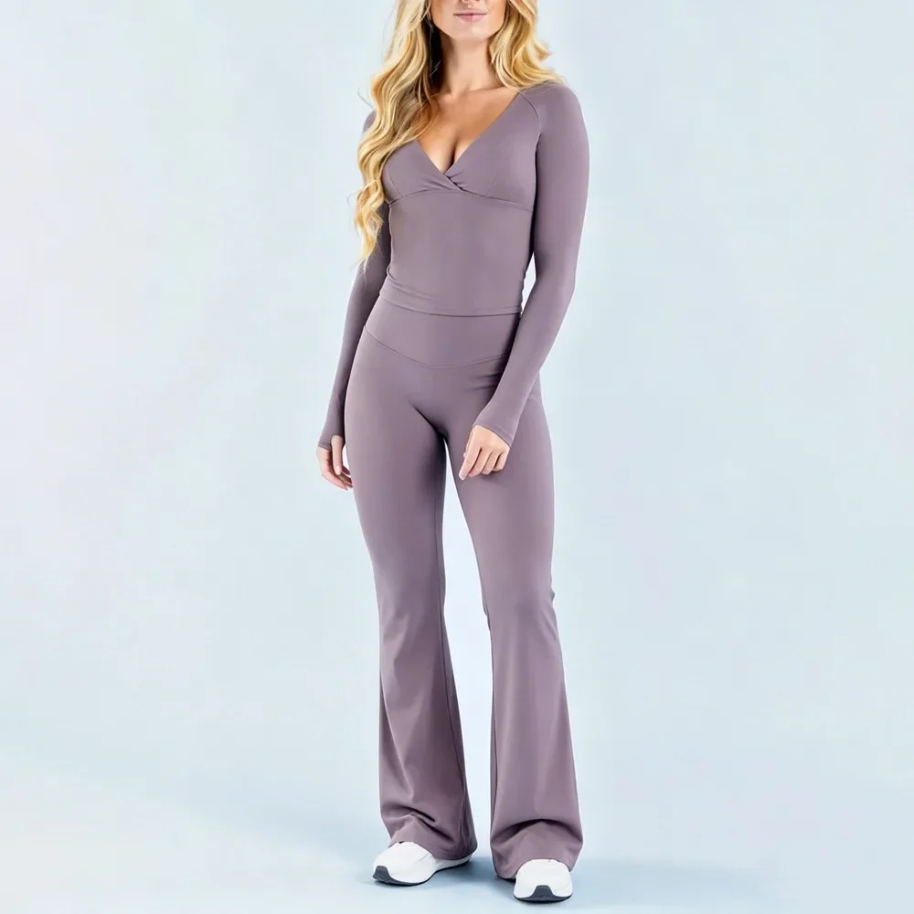 NCLAGEN Dyfe Gym Women Sets 2 Pcs Long Sleeve Deep-V T-shirt & Flare Leggings Naked Feel Trousers Fitness Suit Yoga Activewear