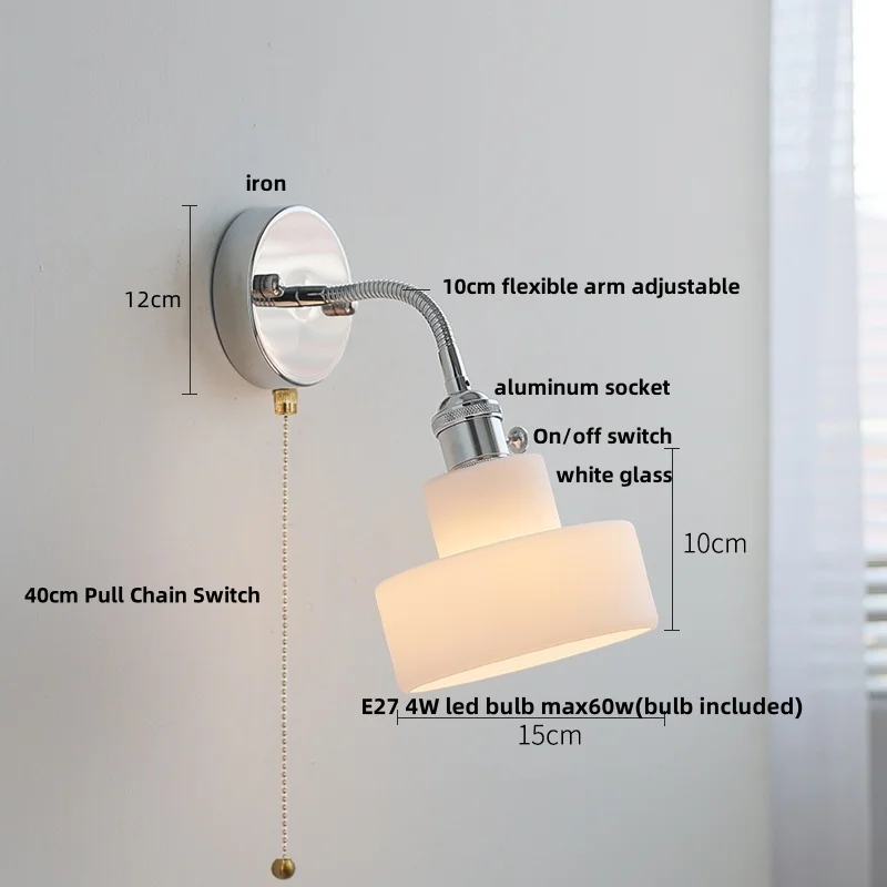 IWHD Zugkettenschalter LED-Wandleuchte für Wohnzimmer, Schlafzimmer, Nachttischlampe, weißes Glas, nordische moderne verstellbare Armbeleuchtung