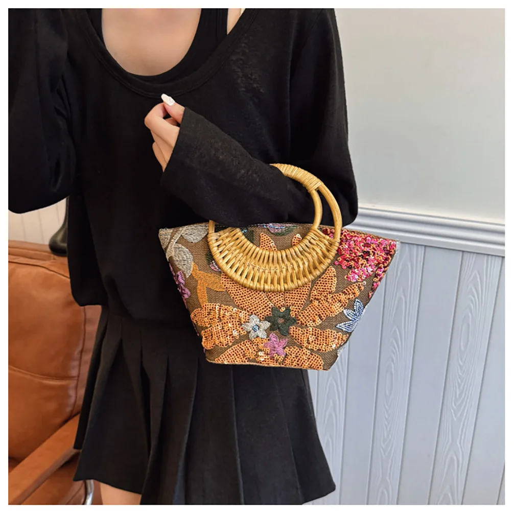 

Summer Flower Sequins Woven Bag Bamboo Handle Women Bucket Handbag Korean Casual Fashion Elegant Female Beach Bags