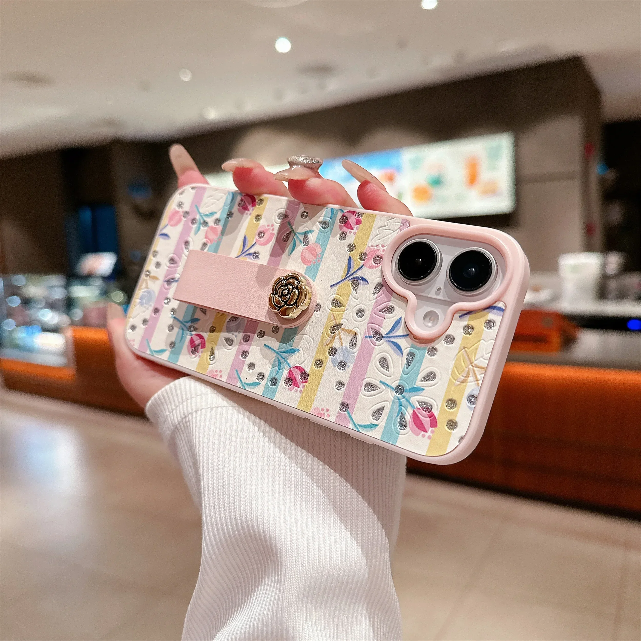 Wrist Strap Rose Ring Holder Pearl Heart Colorful TPU iPhone Case for iPhone 16 15 14 Pro 13 12 11 Max Plus Protective Cover