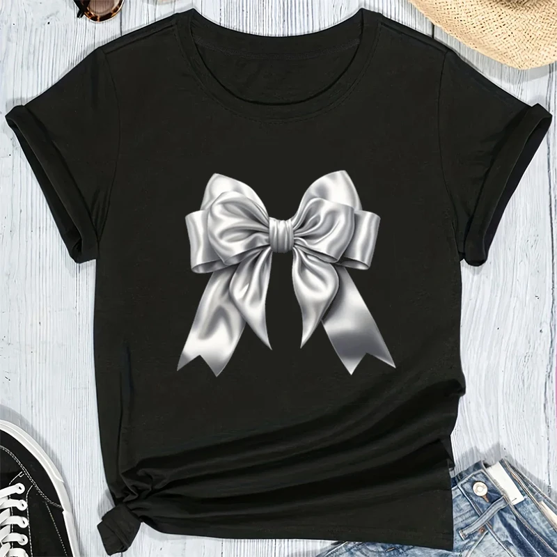 

White Bow Print Women T-shirt Casual and Versatile Style Suitable Short-sleeved T Shirt Summer Outings and Daily Wear Clothing