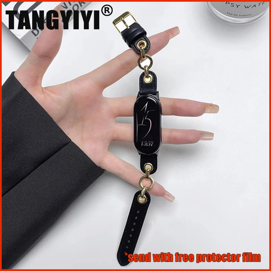 Strap For Xiaomi Mi Band 8 7 6 5 Watch Band Fashion Hollow Metal Chain PU Leather Bracelet For Miband 5 6 4 3 Wristband Correa