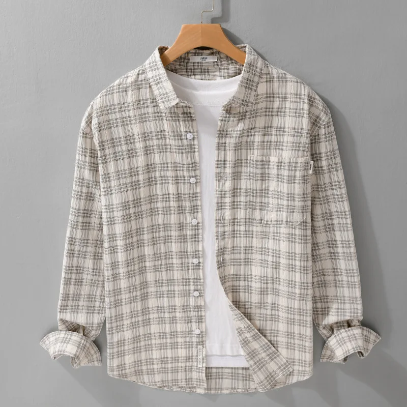 

Повседневные клетчатые мужские рубашки с длинным рукавом Японские винтажные рубашки Мужские повседневные рубашки с лацканами 100% хлопок Рубашка на пуговицах Весна Осень Комфортный топ