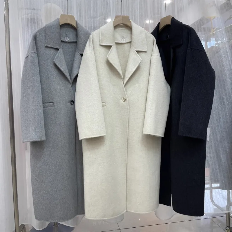 

Fashion White Double-sided Wool Coat Women Loose Casual Detachable Collar Wool Coat New Winter Long Thick 100%wool Coat Women