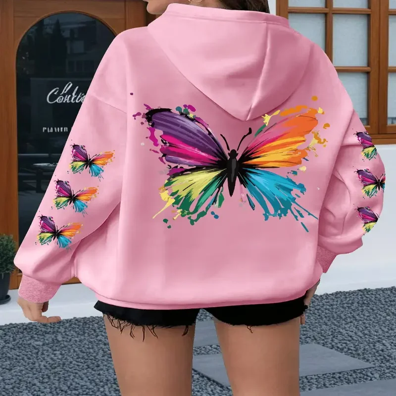Oversized Casual Pullover With Kangaroo Pocket And Drawstring Hood Vibrant Plus Size Rainbow Butterfly Print Graphic Hoodie
