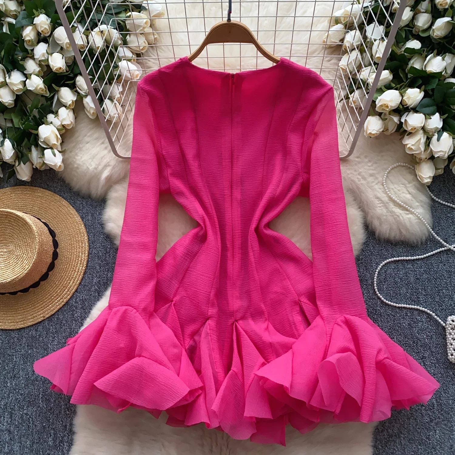 Elegant O-neck Vintage Petal Sleeve Chic Single Breasted Slim Ruffle Dresses Korean Fashion Evening High Street Autumn Clothing