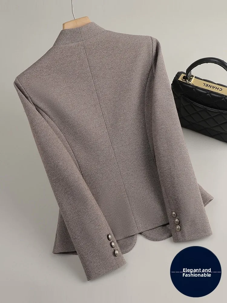 Coffee Color Lapelless Short Waist-Cinching Commute-Ready Women's Suit Jacket Stylish Casual Commute Fashion plus Size Options