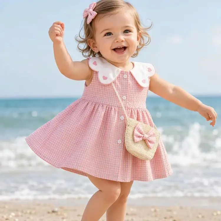 2Pcs/Set Toddler Girl Plaid Dresses Love Lapel Sleeveless Cotton Baby Children Clothes Summer Kids Costume 0 To 3 Years + Bag