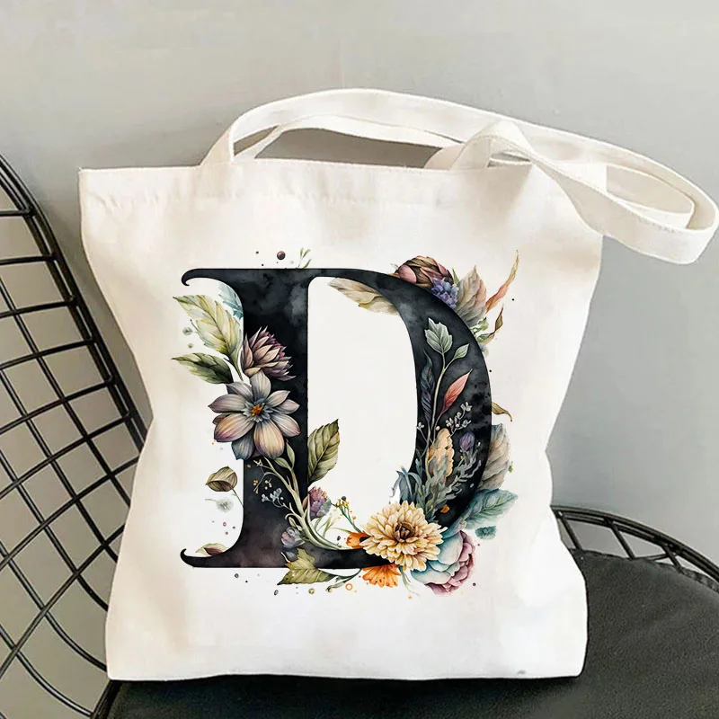 26 Black Alphabet  Flower Tote Bags for Women Large Capacity Canvas Casual New Shopping Printed Reusable Handbag