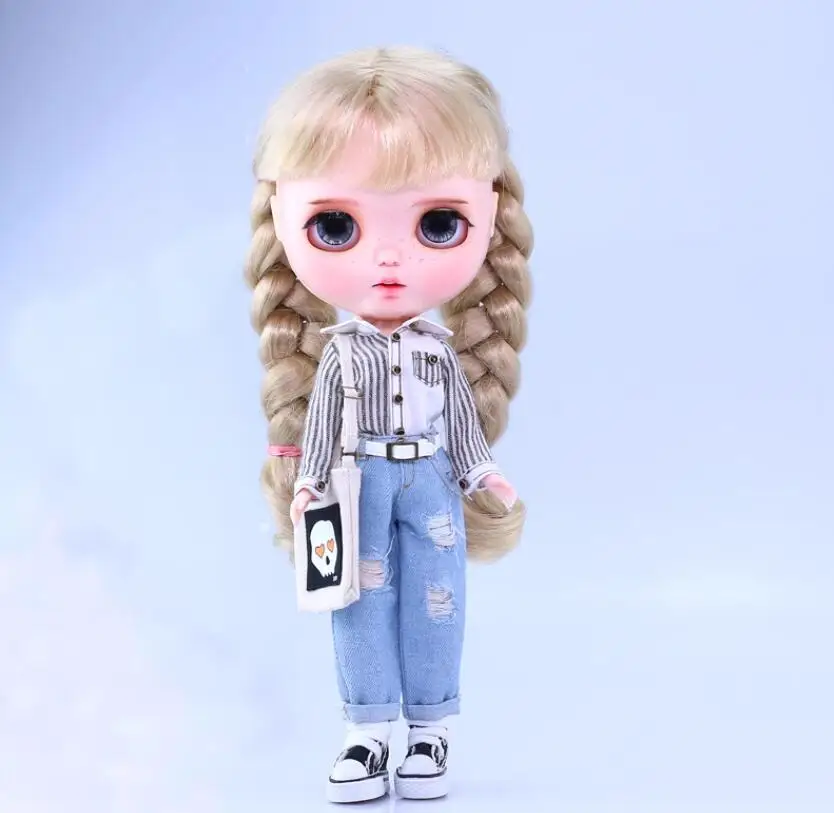 

3 шт., рубашка с длинными рукавами + джинсы + сумка 2024 BJD 30 см для кукол Pullip,Ob22,Ob24, Licca, новейший стиль 1/6