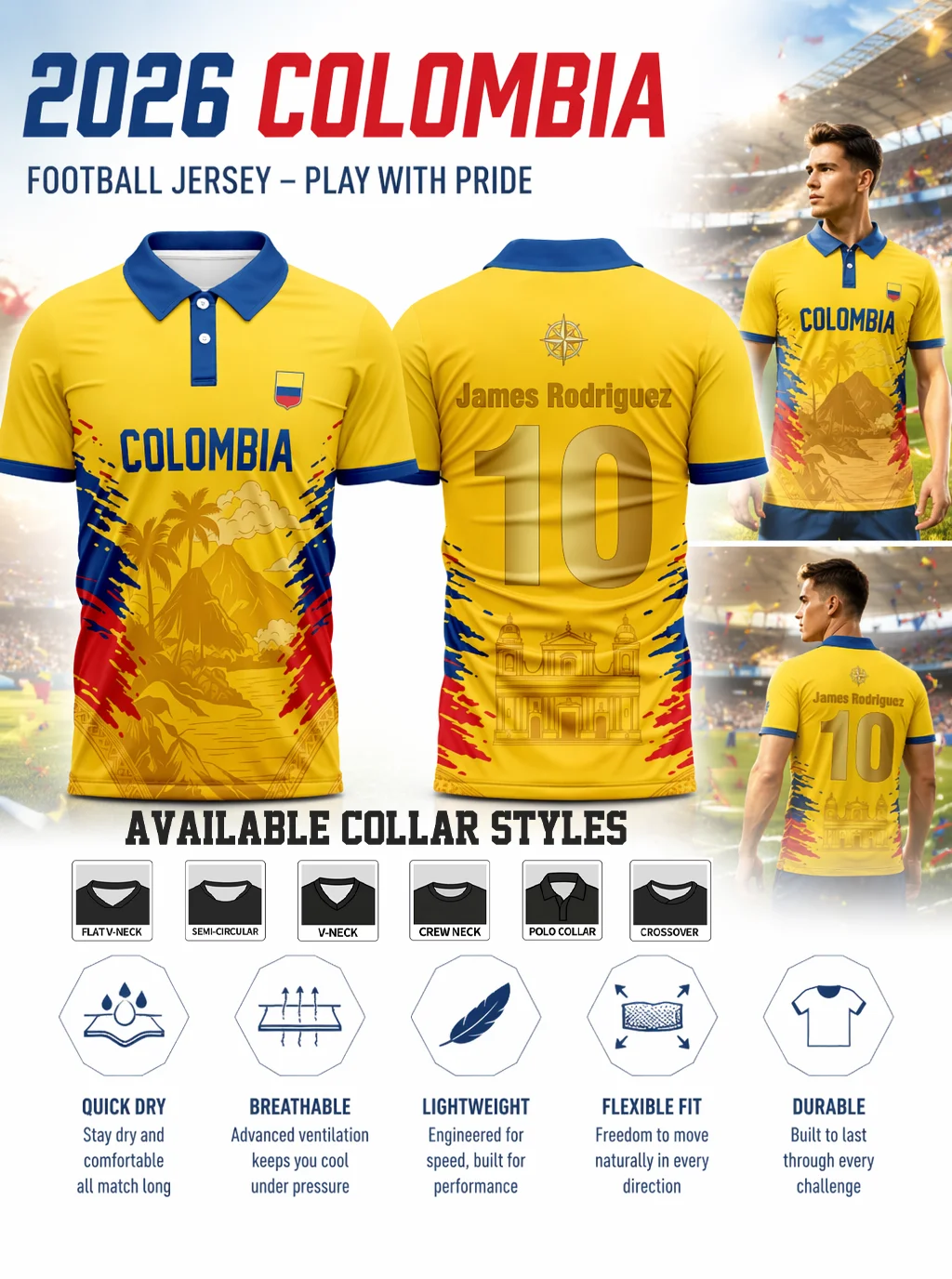 Men's Colombia national team soccer polo. Tropical landscape pattern, lightweight top for matches and daily wear