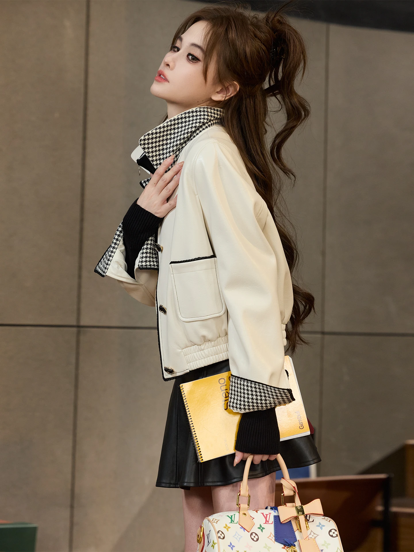 

Куртка TUNT осенне-зимняя в клетку из кожи и полиэстера, в стиле ретро, с пэчворком, свободного кроя, для повседневной носки