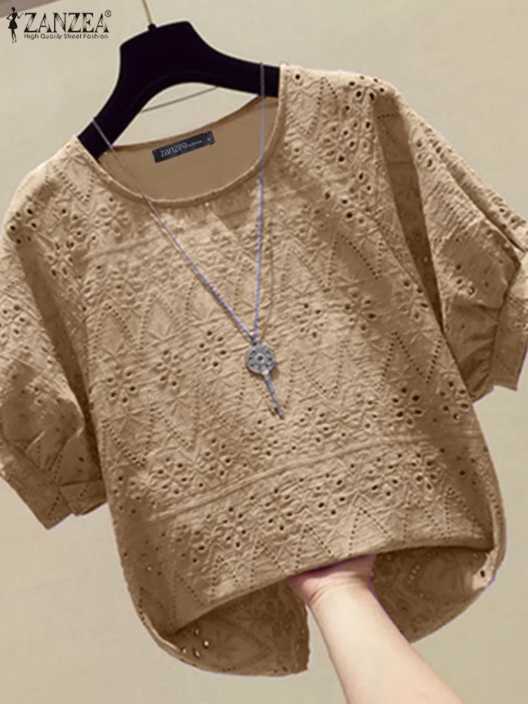 ZANZEA Casual Loose Lace Crochet Tunic Tops 2024 Sumemr Summer Holiday Short Puff Sleeve Shirts Elegant Hollow Out Women Blouses