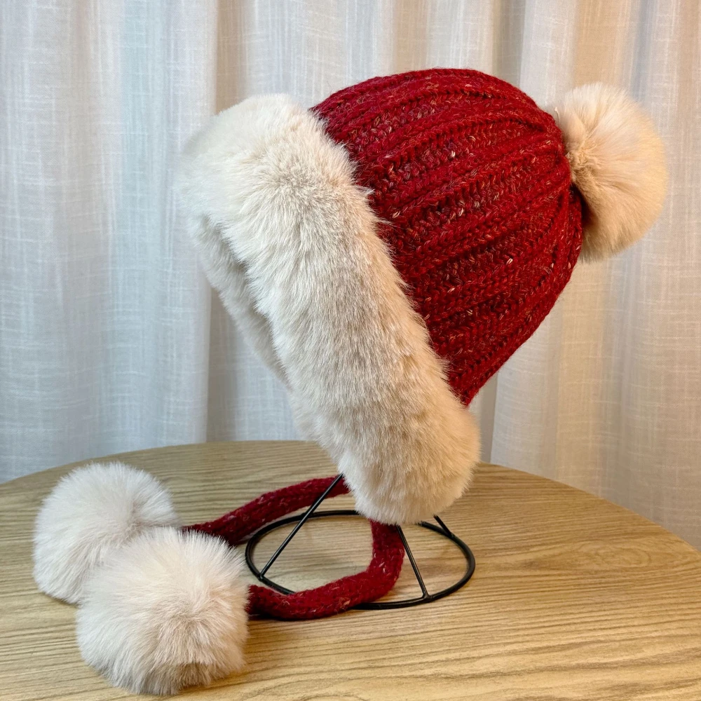 

New Fashionable Knitted Fur Ball Hat For Women In Winter Cute Ski Hat For Women Thickened Warm Hat Plush Pom Pom Russian Hat