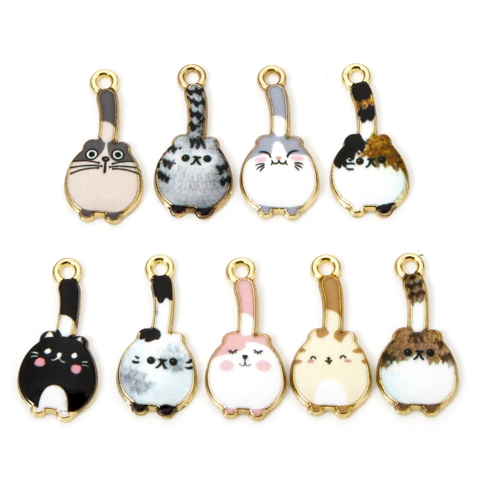 10 Piece Zinc Based Alloy Cat Animal Enamel Charms Gold Plated Multicolor Metal Pendants For DIY Jewelry Making 23mm x 11mm