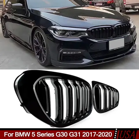 Glossy Black Dual Lines Racing Grills Compatible with BMW 5 Series G30 G31 530i 540i 2017-2020 Front Kidney Grille Aftermarket