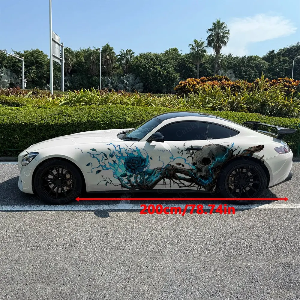 2pcs Current Effect Skull Hand Rose Car Side Wrap, Self-Adhesive PVC Waterproof & Scratch-Resistant Stickers, Car Accessory Gift