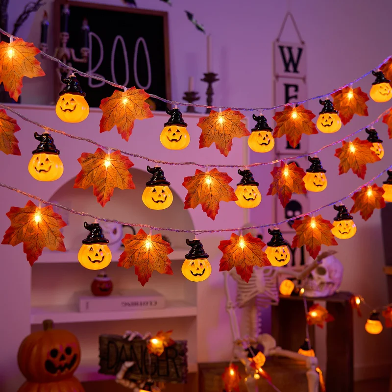 2026 Halloween Hat Pumpkin String Lights Maple Leaf Fairy Lights Battery Operated Fall Decor Lights for Indoor Party Yard