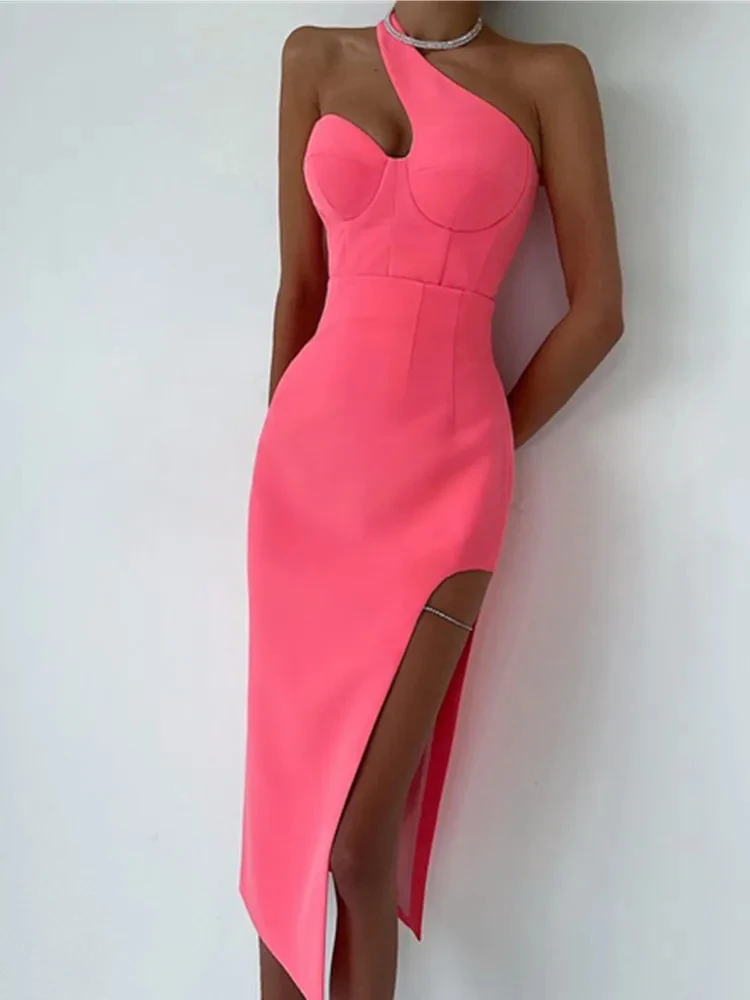 New Women Summer Sexy One Shoulder Crystal Diamonds Black Pink Midi Bodycon Bandage Prom Dress 2024 Elegant Evening Party Dress