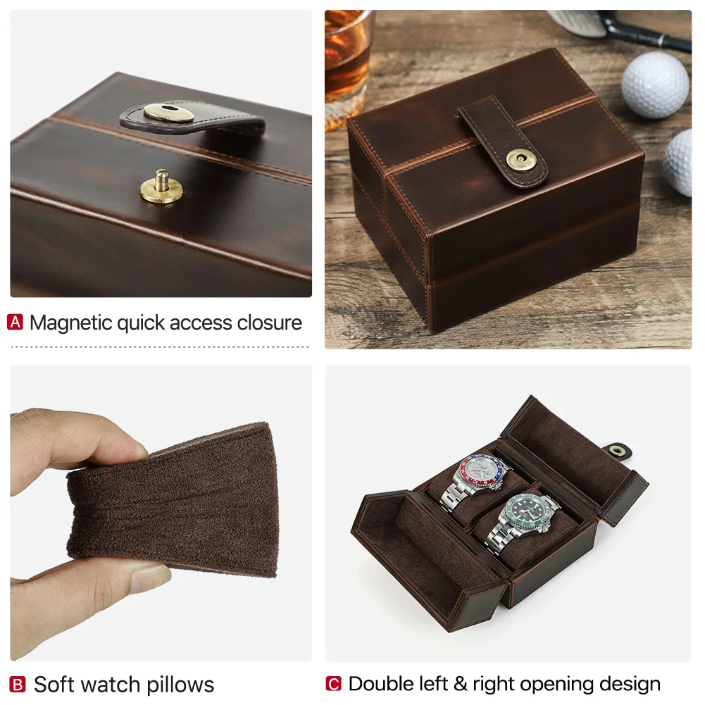 CONTACT\'S FAMILY Retro Genuine Leather Luxury 2 Slots Storage Case with Metal Button Travel Portablel Pillow Watch Holder